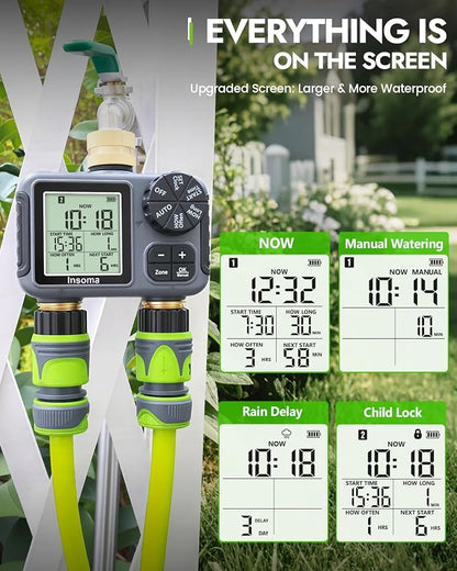 Insoma 2-Zone Sprinkler Timer with Brass Inlet & Outlet, Water Timer for Garden Hose with Auto/Manual/Rain Delay Mode, Big LCD Display, Easy Setup Hose Timers for Lawn, Garden, Vacation Watering