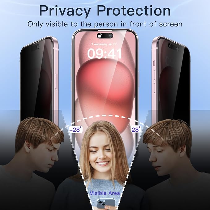 JETech Privacy Full Coverage Screen Protector for iPhone 15 6.1-Inch, Black Edge Anti-Spy Tempered Glass Film with Easy Installation Tool, Case-Friendly, 2-Pack