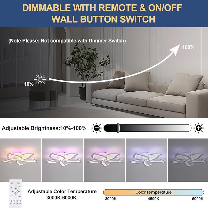 50W Dimmable LED Ceiling Light, 5-Petal Flush Mount, White | 23.6" Flower Ceiling Light with Remote, 3000K-6000K, 3000LM, Memory, Night Light & Timer for Bedroom Living Room Kitchen