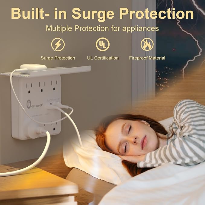 Overtop Power Charger with Shelf,Wall Outlet Extender,Surge Protector 1800J