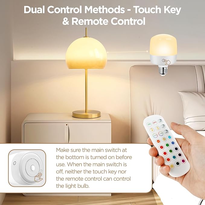 Rechargeable Battery Operated Light Bulb, Dimmable LED Bulb with Remote & Detachable Base, 4000mAh E26 Battery Powered Light Bulb for Non-Hardwired Lamps with 15 Colors Selectable & 3 Timer, 4Pack