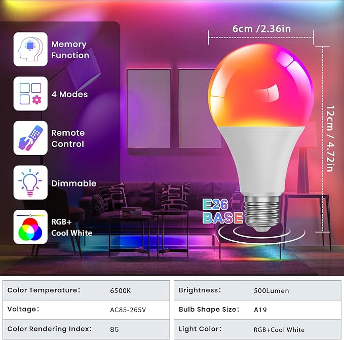 Color Changing Light Bulb with Remote,9W A19 E27 Cool White 6500K 450LM Dimmable Multicolor LED Light Bulb,Memory Function,16 Color RGB Light Bulbs for Bedroom Indoor Party(1Pack)