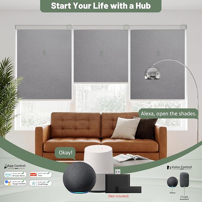 Motorized Blinds with Remote, Blackout No Drill Cordless Smart Roller Shades, Automatic Blinds for Windows, Grey,46" W x 72" H