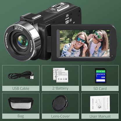4K Camcorder Video Camera Ultra HD 80MP IR Night Vision Vlogging Camera for YouTube,18X Digital Zoom Camcorder 3.0" 270° Rotation IPS Screen Video Recorder with 32GB SD Card, Lens Cap and 2 Batteries