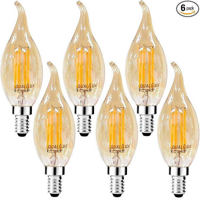 Qualilux Dusk to Dawn Candelabra LED Bulbs CA11, Vintage Full Amber Glass, Non-Plastic, Warm Amber 2300K, 4W=40W, 400LM Auto On/Off Light Sensing Bulb, Non-dimmable, E12 Base, 6-Pack, HQ-H049