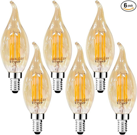 Qualilux Dusk to Dawn Candelabra LED Bulbs CA11, Vintage Full Amber Glass, Non-Plastic, Warm Amber 2300K, 4W=40W, 400LM Auto On/Off Light Sensing Bulb, Non-dimmable, E12 Base, 6-Pack, HQ-H049