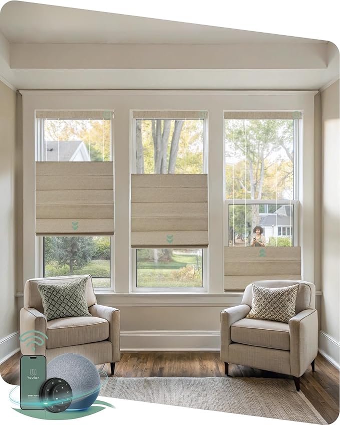 Yoolax Smart Top Down Bottom Up Roman Shades, Motorized Roman Shades with Remote, Blackout Smart Blinds Work with Alexa, Google Home, Apple Homekit for Living Room Bedroom, Customized (Caramel Gold)