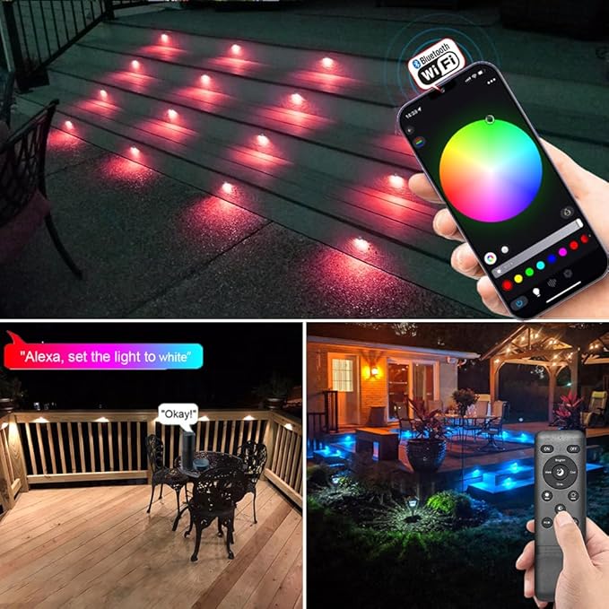 Low Voltage RGB Step Lights Kit, 20-Pack 1.38inch Half Moon Smart WiFi Deck Lights Outdoor, DC12V, IP65 Waterproof, Landscape Railing LED Light for Yard, Stair, Porch, Railing Decor, Black