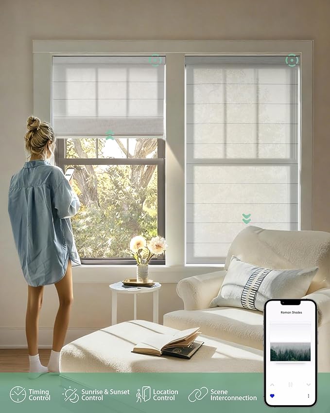 Yoolax Motorized Roman Shades with Remote, Smart Roman Shades for Windows, Semi Sheer Automatic Blinds Work with Alexa, Google, Apple Homekit for Living Room, Dining Room, Customized (Light Coffee)