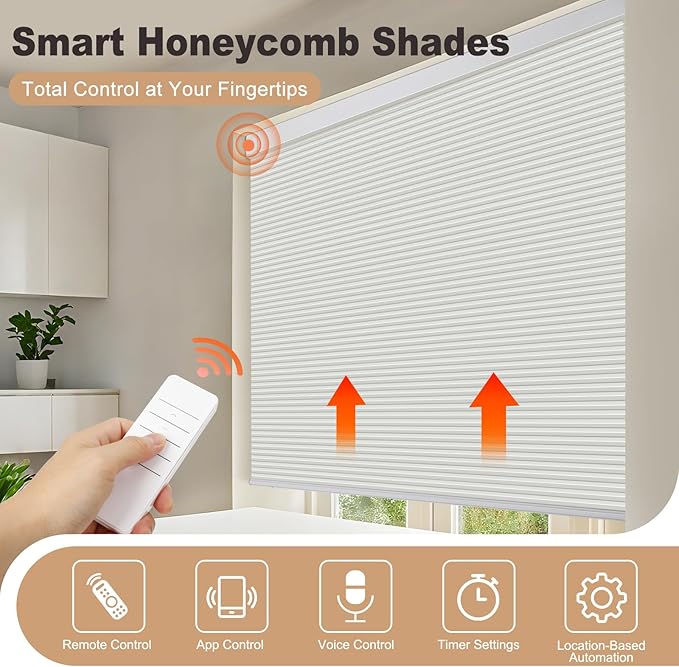 Smart Custom Motorized Cellular Shades – Remote & App Controlled Electric Window Blinds, Automated Blackout Honeycomb Blinds for Home, Alexa Google Siri Compatible – Made to Order (22”-112” W)