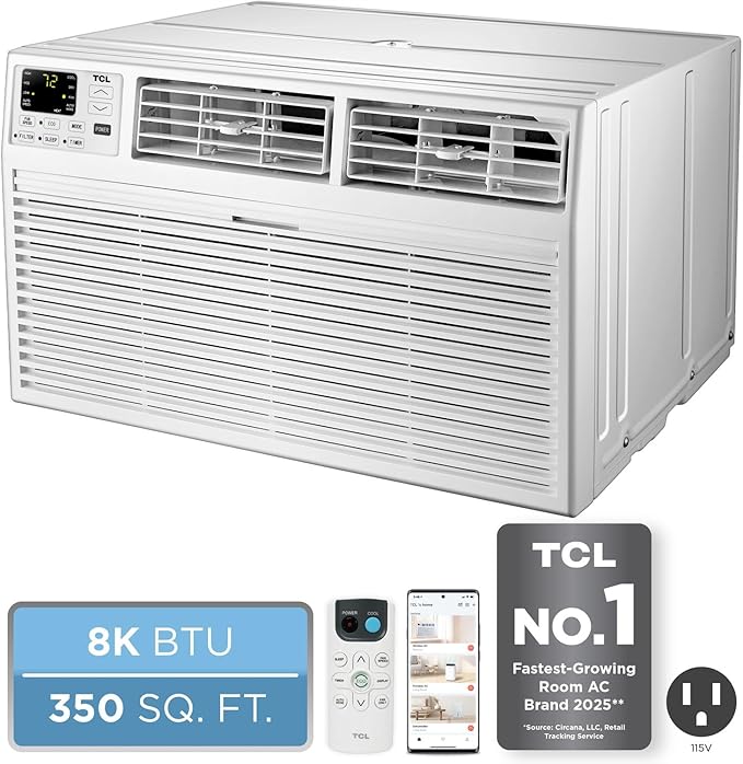 TCL H8T9E1-A 8,000 BTU Smart Through-The-Wall Air Conditioner, Fan & Dehumidifier, 350 Sq. Ft, Remote Control, Compatible with Alexa/Google Assistant, White