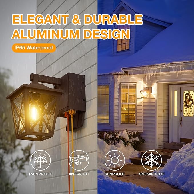 Ehaho Porch Lights with Outlet, Dusk to Dawn Outdoor Light Built-in, Waterproof Anti-Rust Lantern Outside Light with GFCI Outlet, Wall Sconce Light with Plug for Front Door (Brown 1 PC)