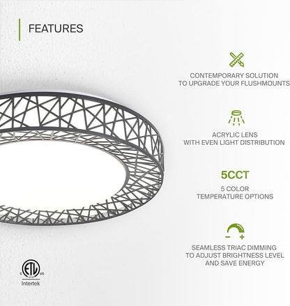 ASD 16 Inch LED Flush Mount Ceiling Light Fixture for Bedroom, 28W 1752LM 5CCT 2700K-5000K, Triac Dimmable Lights, Dining, Living Room, Kitchen Lamps, Modern Home Lighting Fixtures, Black, ETL