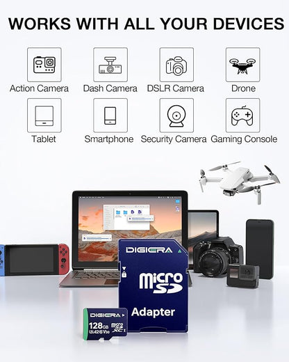 DIGIERA 128GB CT100 microSDXC UHS-I Memory Card with Adapter - up to 100MB/s, C10, U3, V30, 4K UHD, A2, Micro SD Card for Smartphones, Tablets, Cameras, Gaming Consoles, and Drones (1 Pack)