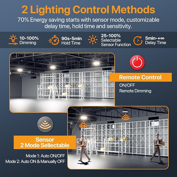 Smart Shop Lights 200W Micware Motion Sensor 24000LM UFO LED High Bay Light with Multi-Function Remote, 10%-100% Dimmable IP65 Waterproof 5000k Garage Lighting 2Pack