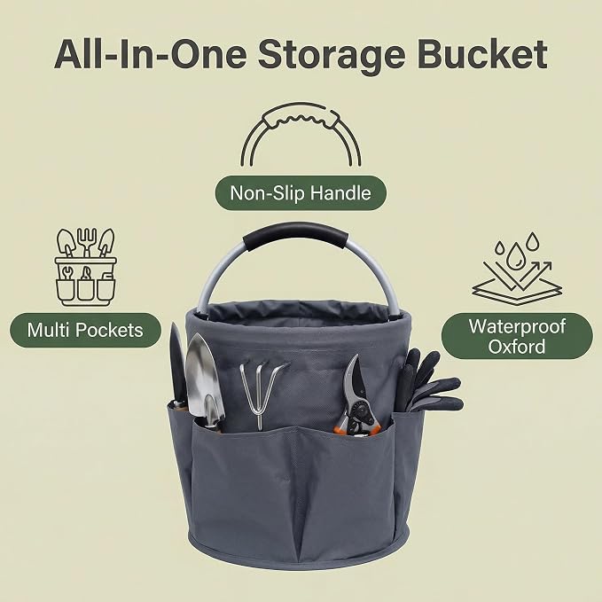 Cleaning caddy with Handle,17L Foldable collapsible bucket 600D Oxford Fabric, 6 Pockets Portable Multi-Use Organiser for Home, Garden, Camping,Grey