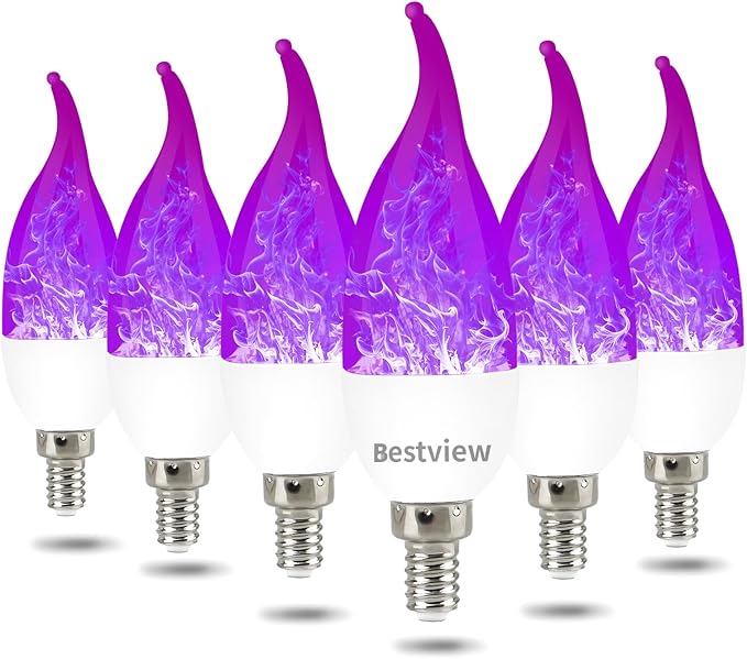 Bestview LED Flame Effect Light Bulbs,3 Modes Flickering Light Bulbs, Smart E12 Chandelier Base Candle Fire Light Bulb for Halloween, Christmas, Porch Indoor&Outdoor Decoration -6 Pack(Purple)
