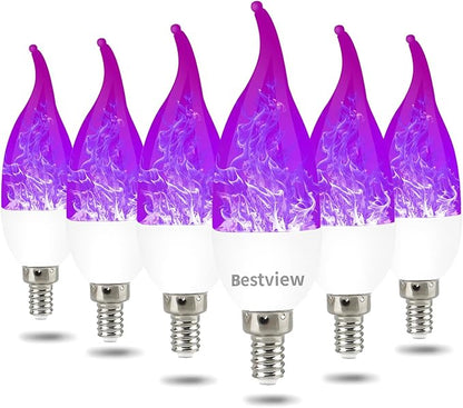 Bestview LED Flame Effect Light Bulbs,3 Modes Flickering Light Bulbs, Smart E12 Chandelier Base Candle Fire Light Bulb for Halloween, Christmas, Porch Indoor&Outdoor Decoration -6 Pack(Purple)