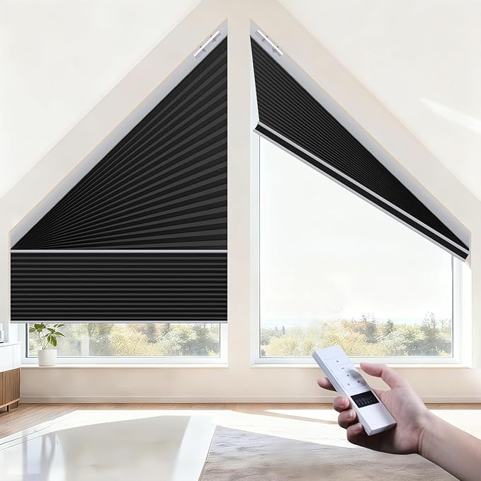 Godark Smart Angled Customized Blackout Honeycomb Blinds Suitable for Trapezoidal/Triangular/Polygonal Windows Motorized Cellular Shades Compatible with Alexa/Google Home/Tuya APP-Black