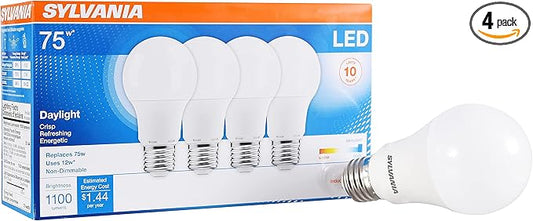 Sylvania LED A19 Light Bulb, 75W Equivalent, Efficient 12W, Medium Base, Frosted Finish, 1100 Lumens, 5000K, Daylight - 4 Pack (78100)