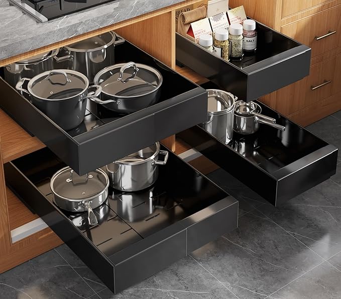 Seinloes 4 Pack Expandable Pull Out Cabinet Organizer 21"Deep With Raising Pad for Framed Cabinets,Upgrade 3 Slide Rails Slide Out Drawers,No Drill Roll Out Shelves,Adjustable Width 9"-14" Black