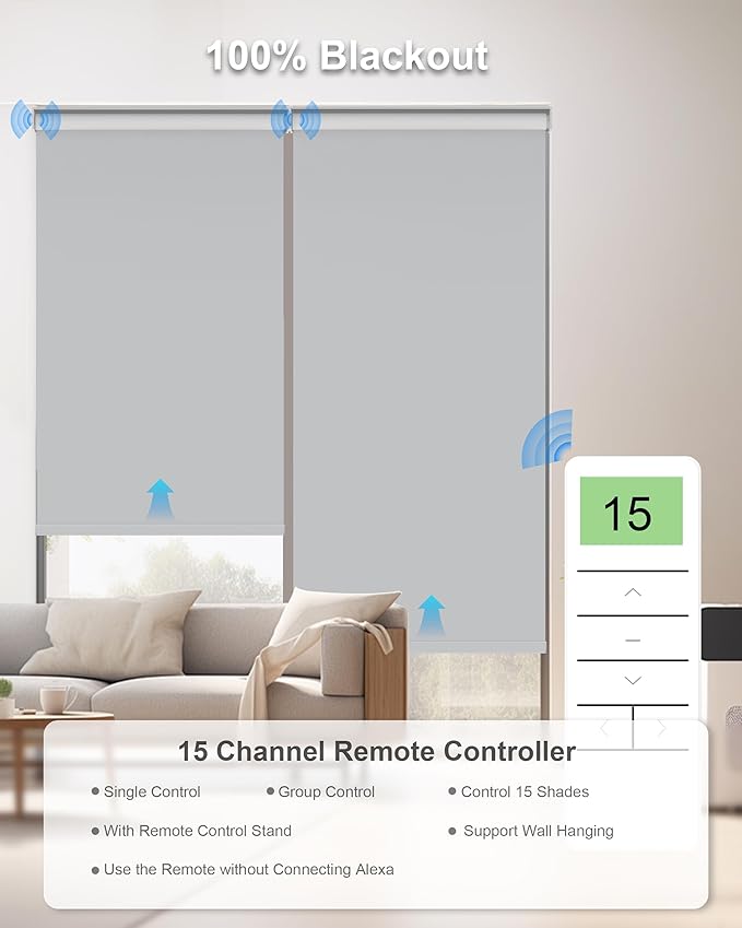 Smart Motorized Blinds with Remote, Work with Homekit Alexa Google Home, Blackout Electric Roller Shades Automatic Blinds with Valance USB/Solar Charging for Indoor Window Door, Custom Size (Grey)