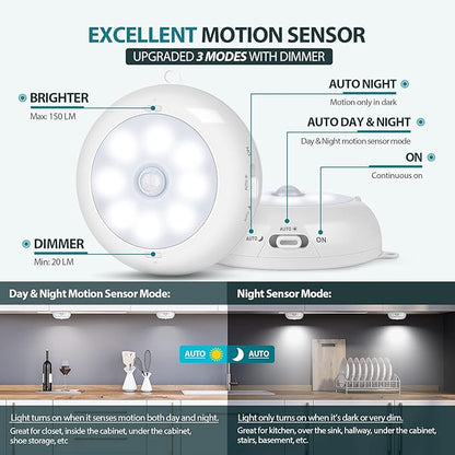 BLS Motion Sensor Light Indoor, Wireless LED Night Light, Under Cabinet Lighting, Battery Powered Puck Lights for Closet, Kitchen, Stairs, Wall, AA Battery Operated, Stick on, Dimmable, White, 6 Pack