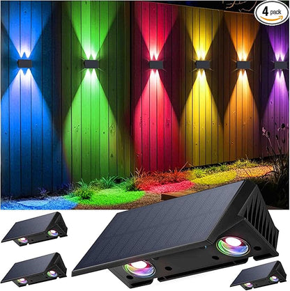 Fence Lights Solar Powered, 4-Pack Solar Fence Lights Up/Down Flexible Buttons, IP67 Waterproof for Outdoor, 100LM Bright, Auto Dusk to Dawn for Wall/Stairs/Yard/Railing/Deck/Pathway (White & RGB)