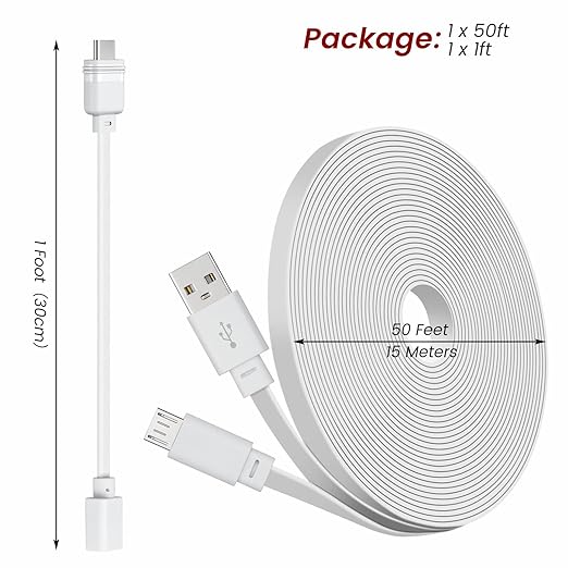50ft Power Extension Cable Compatible with Blink Mini 2, Blink Mini and Blink Outdoor 4 Cameras - 15m Long Flat Micro USB Charging Cord with 30cm USB C Waterproof Adapter and 18W Fast Charger, White