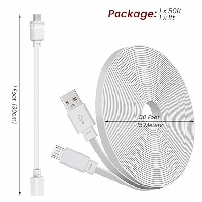50ft Power Extension Cable Compatible with Blink Mini 2, Blink Mini and Blink Outdoor 4 Cameras - 15m Long Flat Micro USB Charging Cord with 30cm USB C Waterproof Adapter and 18W Fast Charger, White