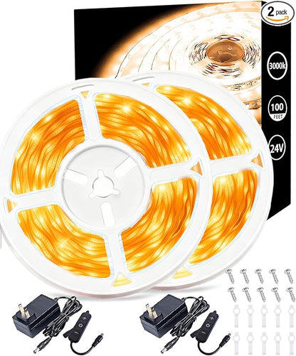 2 Set 50 FT Warm White Led Strip Lights for Bedroom Dimmable 100 FT 1800 LEDs Rope Light Flexible Super Bright White Tape Lights for Ceiling Room Home Decor Luces LEDs