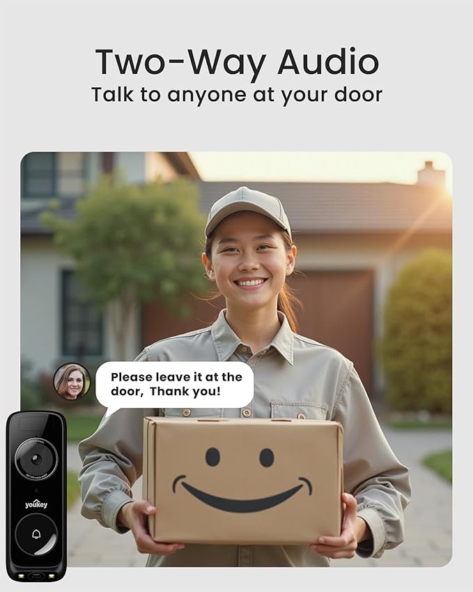 youkey Doorbell Camera Wired with Chime, No Monthly Fee, 2K Wired Doorbell with Head-to-Toe Video, Package Detection, 2.4/5GHz WiFi-6, Built-in 8GB Storage, Two-Way Talk, Color Night Vision, DB322