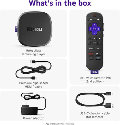 Roku Ultra - Ultimate Streaming Player - 4K Streaming Device for TV with HDR10+, Dolby Vision & Atmos - Bluetooth & Wi-Fi 6 - Rechargeable Voice Remote Pro with Backlit Buttons - Free & Live TV