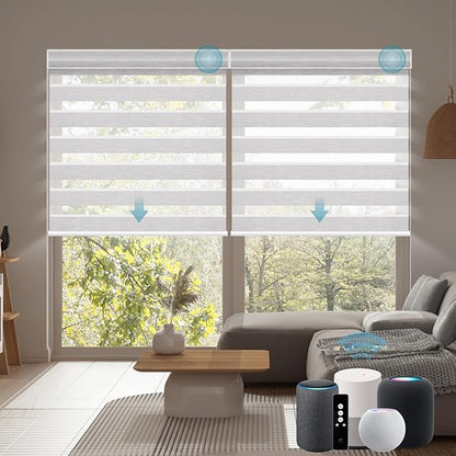 SmartWings Motorized Zebra Blinds with Remote, Custom Size Smart Electric Roller Shades for Windows, Automatic Light Filtering Dual Layer, Cordless Battery Motor, 75mm 60% Blackout Light Grey