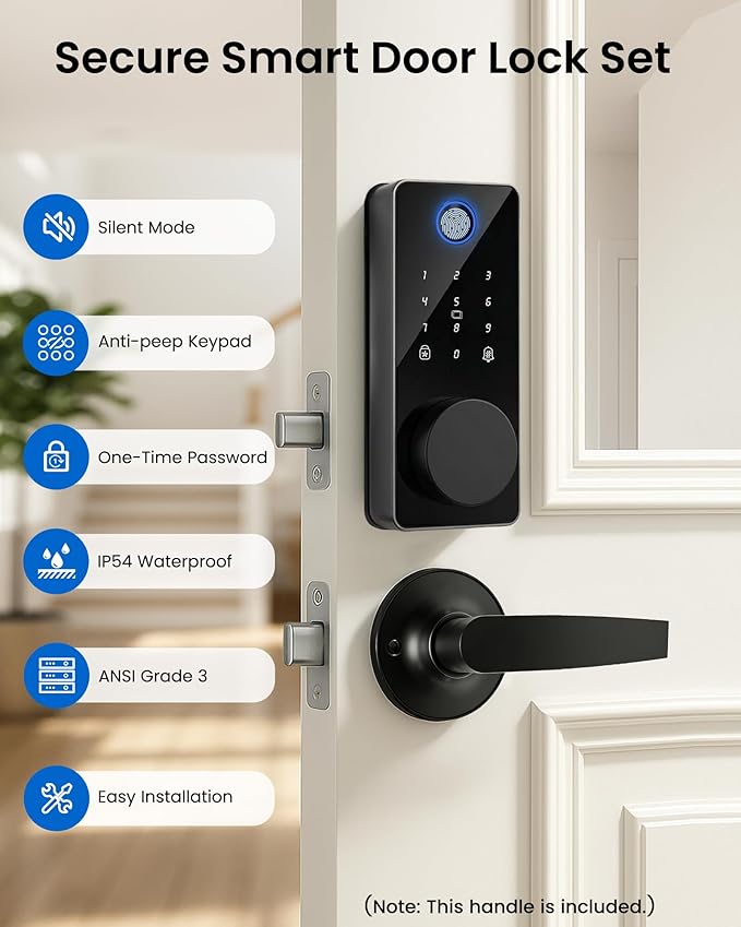 Smart Lock with 2 Lever Handle Set, Fingerprint Keyless Entry Door Lock Front Door App Control, Electronic Touchscreen Keypad Deadbolt, Auto Lock, IP54 Waterproof, Easy Install Built-in Doorbell
