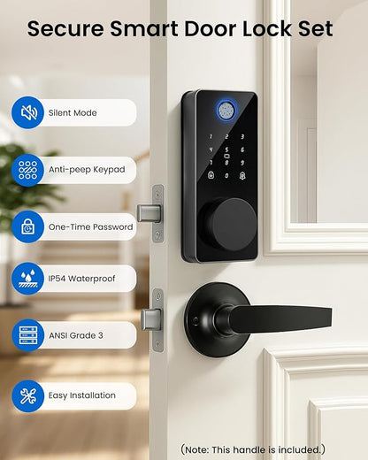 Smart Lock with 2 Lever Handle Set, Fingerprint Keyless Entry Door Lock Front Door App Control, Electronic Touchscreen Keypad Deadbolt, Auto Lock, IP54 Waterproof, Easy Install Built-in Doorbell