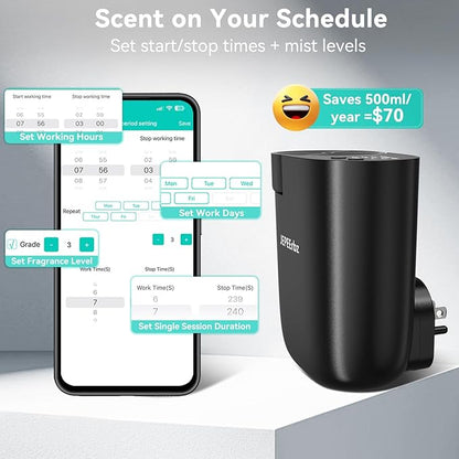 Waterless Diffuser, Plug in Diffuser for Essential Oils,Waterless Essential Oil Diffuser in Wall, Smart Bluetooth App Control, Up to 500 Sq.ft Coverage, Black