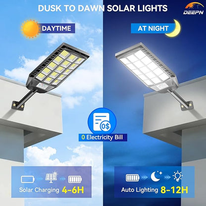 Deepn Solar Lights Outdoor Waterproof, Solar Street Lights Outdoor, 6500K LED Dusk to Dawn Security Flood Light Motion Sensor with Remote Control for Yard, Parking Lot, Porch, Garages, Garden, 4 Pack