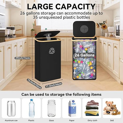 Recycling Bin for Kitchen, 26 Gallon 100L Indoor Home Recycle Bin with Lid and 2 Removeable Reusable Inner Bags, for Bottles, Cans, Glass, Plastic & Stickers, Black