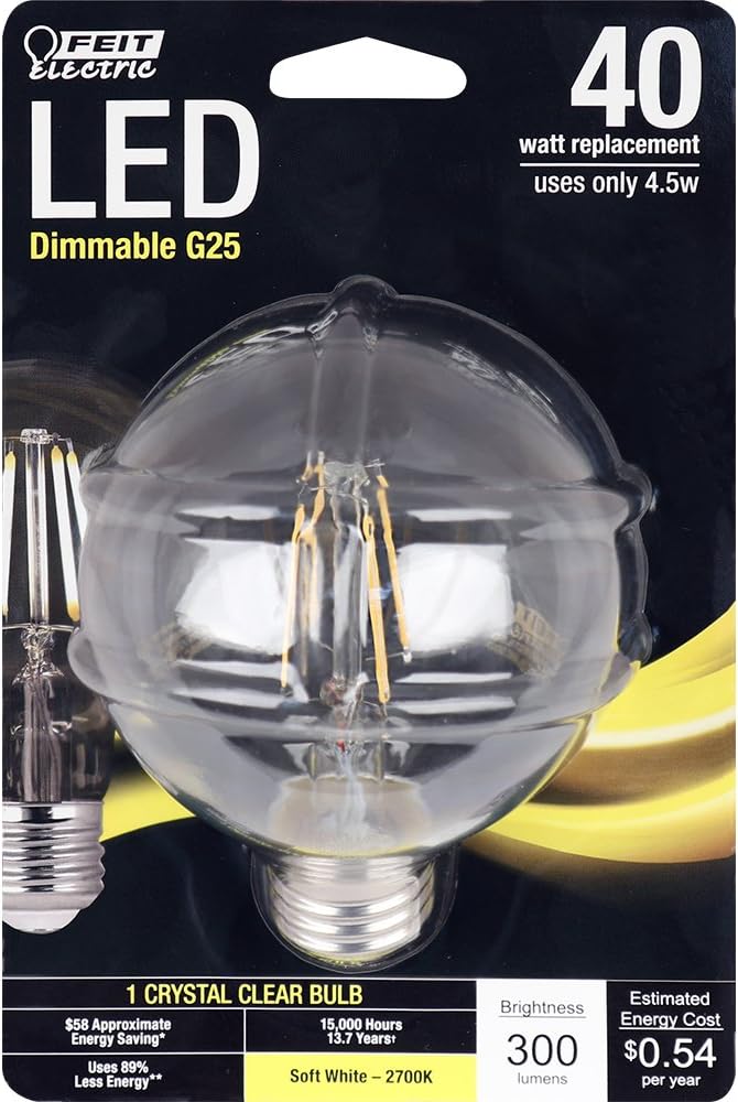 Feit Electric BPG2540/827/LED Decorative Glass Filament LED Dimmable 40W Equivalent Soft White Globe Bulb, Clear