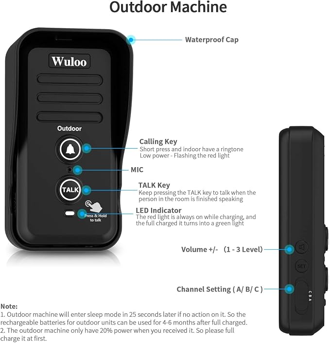 Wuloo Wireless Intercom Doorbells for Home Classroom, Intercomunicador Waterproof Electronic Doorbell Chime with 1/2 Mile Range 3 Volume Levels Rechargeable Battery (Black, 2&2)