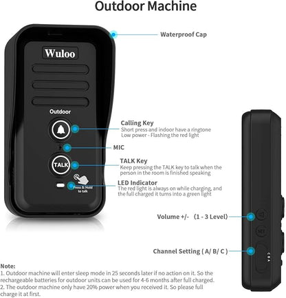 Wuloo Wireless Intercom Doorbells for Home Classroom, Intercomunicador Waterproof Electronic Doorbell Chime with 1/2 Mile Range 3 Volume Levels Rechargeable Battery (Black, 2&2)