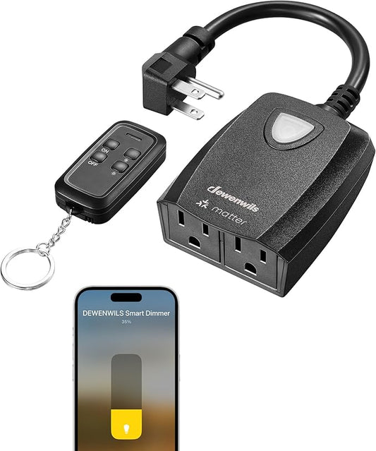 DEWENWILS Wi-Fi Matter Smart Dimmer Plug, Remote Control, 2 Grounded Outlets, Work with Alexa/Google Home, Support 200W Dimmable LED & 400W Tungsten Bulbs, Outdoor Dimmer for String Lights