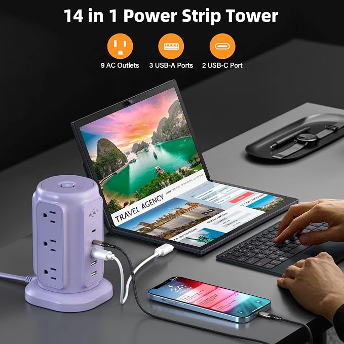 AiJoy Power Strip Tower with 9 AC Outlets and 5 USB Ports Charging Station | 1200J Surge Protector, 6.5 Feet Extension Cord with Multiple Outlets for Home Dorm Room Office Supplies Desk Accessories