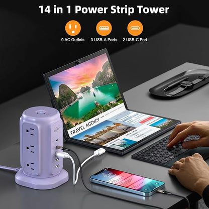 AiJoy Power Strip Tower with 9 AC Outlets and 5 USB Ports Charging Station | 1200J Surge Protector, 6.5 Feet Extension Cord with Multiple Outlets for Home Dorm Room Office Supplies Desk Accessories