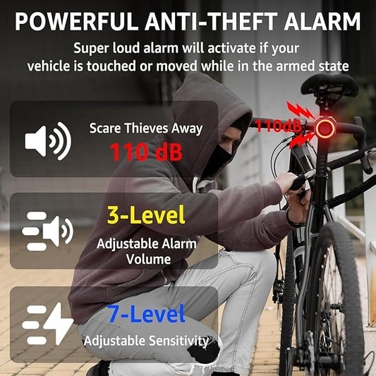 NineLeaf Bicycle Tail Light Rechargeable,Bike Tail Light with Alarm and Remote,Bike Alarms for Ebikes,IP65,113dB Alarms, Level 7 Sensitivity, Auto ON/Off Bike Tail Light with Smart Brake Lights