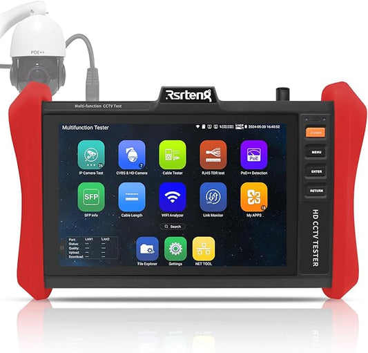 Rsrteng CCTV Tester 4K 12MP IP Camera Tester POE++ Max 90W POE Camera Test 8" 1920x1200 IPS Touch Screen 1CH SFP Module WiFi Network Tools Cable Test POE Detection Power Management APP Update