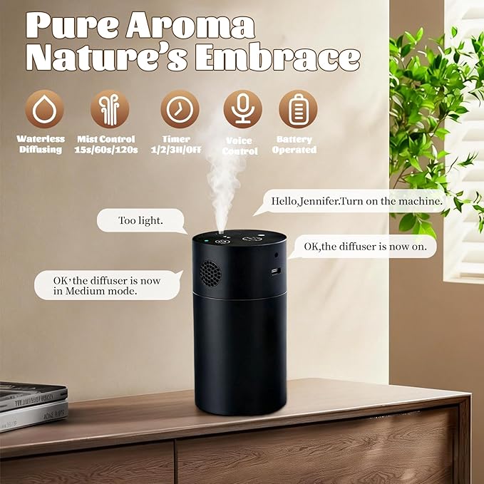 Waterless Diffuser, Rechargeable Hotel Scent Diffuser, 1500 Sq Ft Coverage, for Home, Large Room, Spa, Cream，Voice Control Smart AI