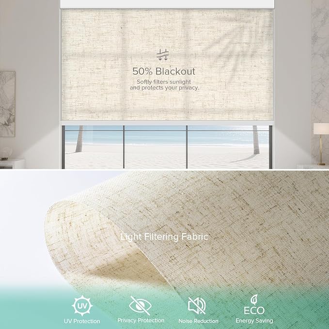 Motorized Roller Shades, Light Filtering Remote Control Custom Window Shades Compatible with Alexa Google Assistant via RF Hub, Rechargeable Electric Blinds for Windows (Texture Beige)