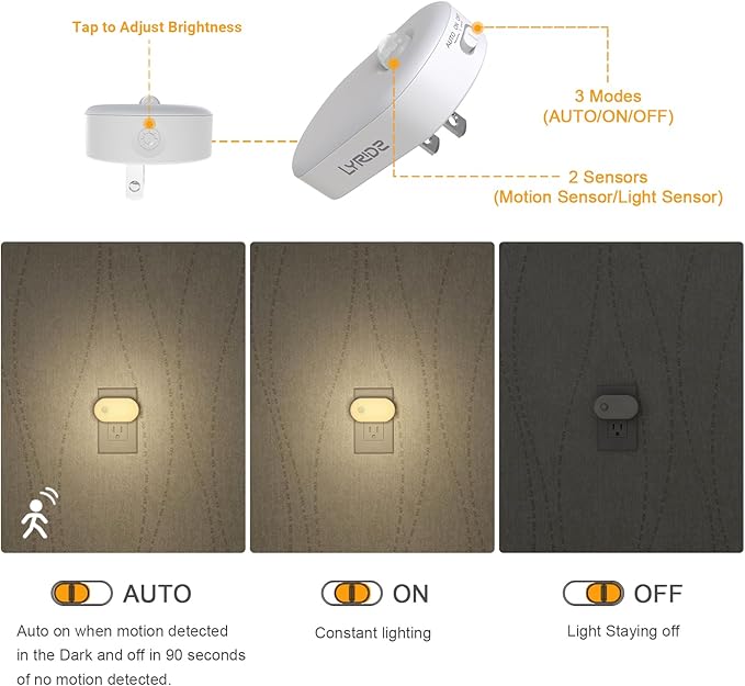 Lyridz Plug-in Night Light with Motion Sensor, 1-120 LM Stepless Adjustable Brightness LED Nightlights for Bathroom, Bedroom, Hallway, Stairs, Garage, Toilet, 4 Pack